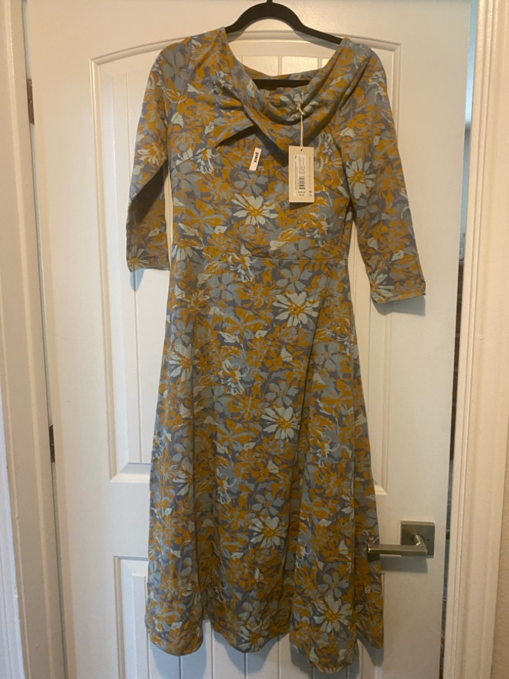 Cowl-Neck Floral Midi Dress in Mustard and Light Blue